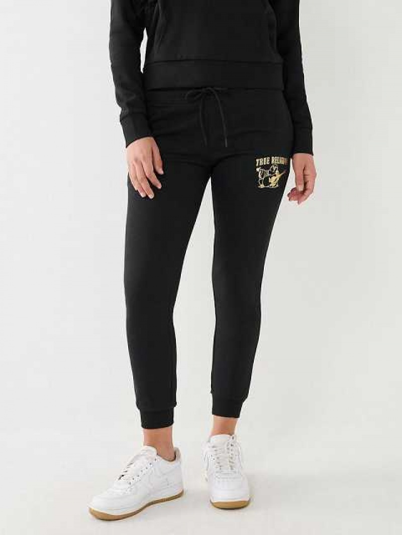 Pantalon Jogger True Religion Metallic Buddha Logo Fleece Mujer Negras | Colombia-MBKAOUP24