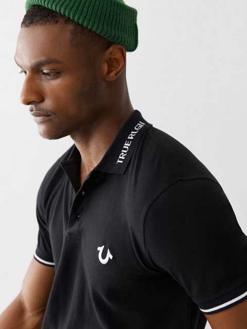 Polo True Religion Logo Hombre Negras | Colombia-BUTKDWJ12