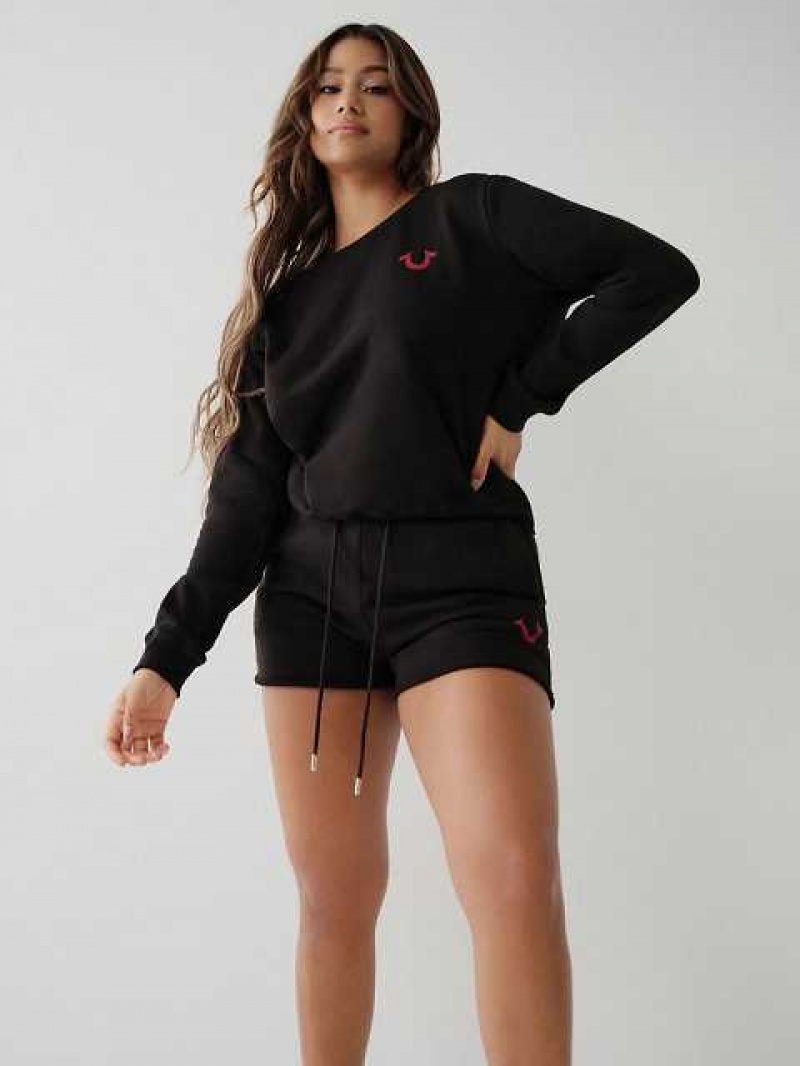 Short True Religion Logo Sweat Mujer Negras | Colombia-STHQDWZ91