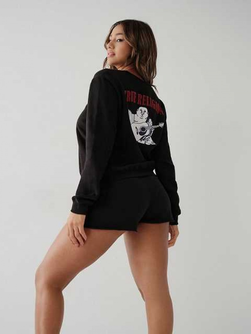 Short True Religion Logo Sweat Mujer Negras | Colombia-STHQDWZ91