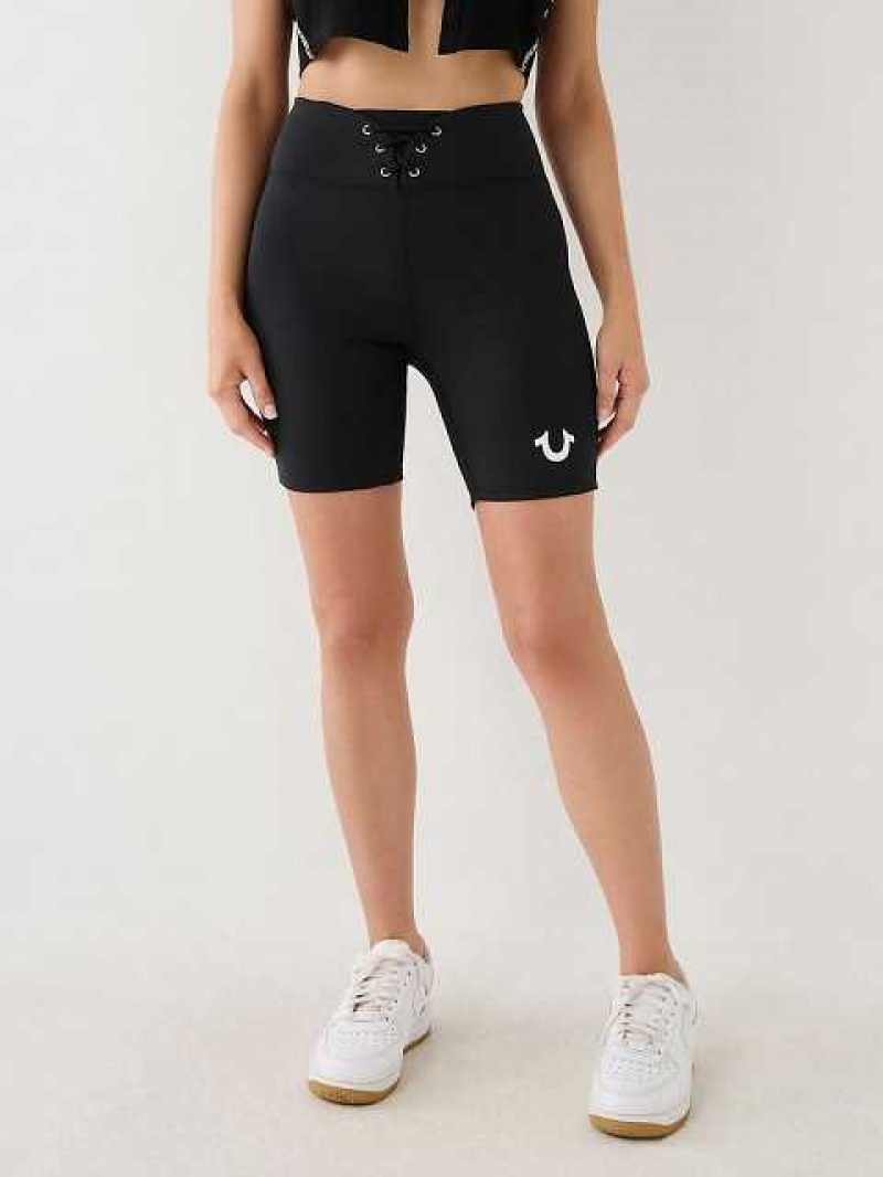 Short True Religion Ruched Encaje Up Ciclismo Mujer Negras | Colombia-GYVFMHU49