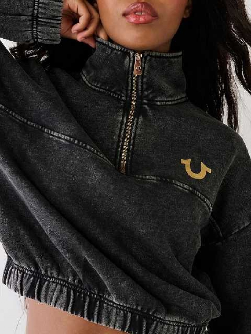 Sudadera True Religion Acid Wash Half Zip Mujer Negras | Colombia-BVWGPHO56