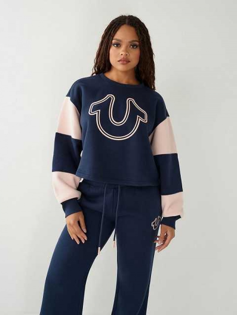 Sudadera True Religion Logo Crop Mujer Azul Marino Azules | Colombia-LPITWAX75