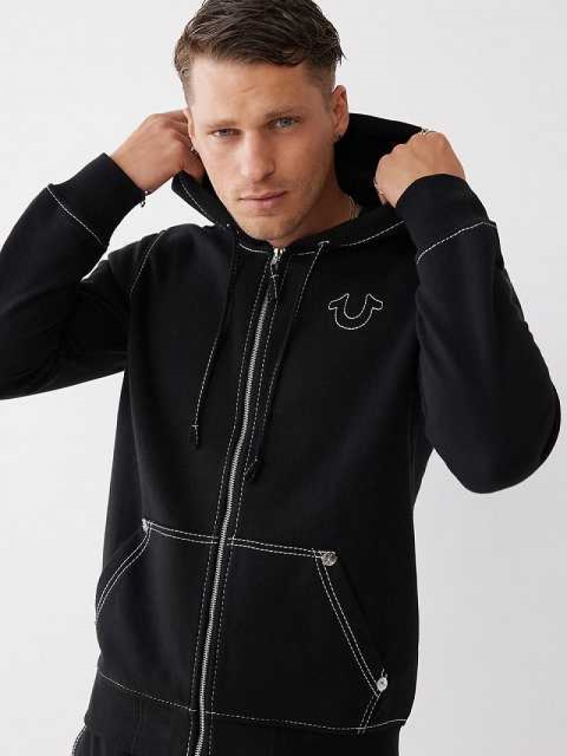 Sudadera con Capucha True Religion Big T Zip Hombre Negras | Colombia-COBLHJV48