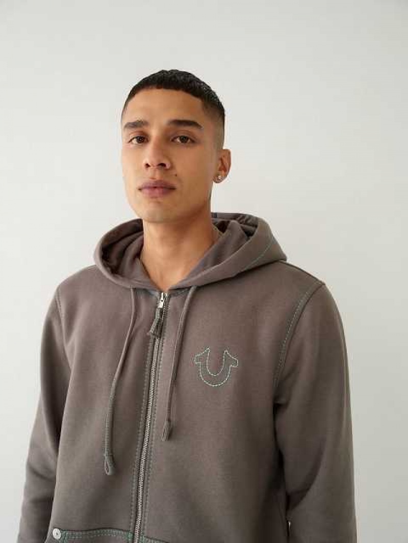 Sudadera con Capucha True Religion Big T Zip Hombre Gris | Colombia-HGRSFQM70