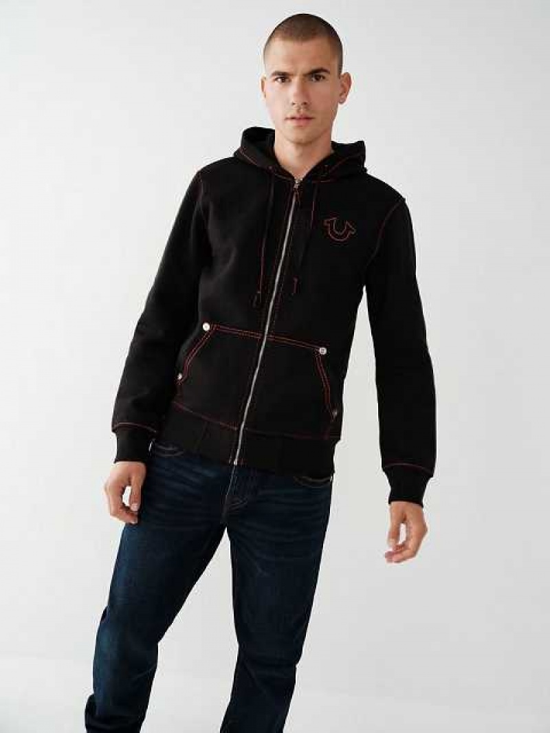 Sudadera con Capucha True Religion Big T Zip Hombre Negras | Colombia-MGBYFAZ34