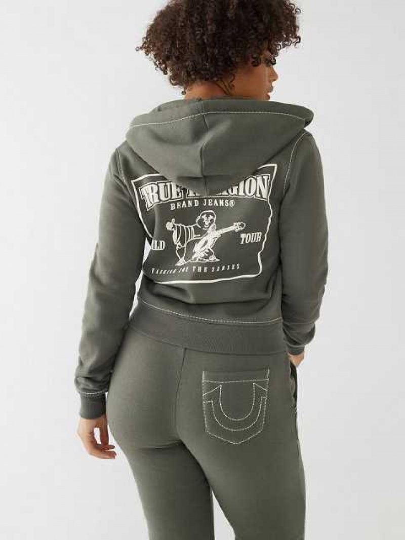 Sudadera con Capucha True Religion Big T Stitch Logo Zip Mujer Gris Verde | Colombia-LKNOWCI54