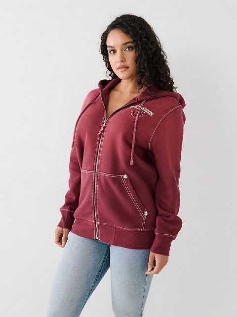 Sudadera con Capucha True Religion Big T Logo Zip Relaxed Mujer Burdeos | Colombia-ESUGBKD10