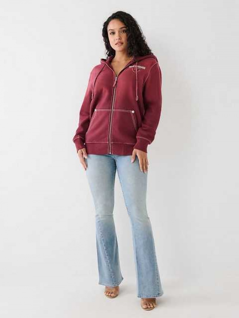 Sudadera con Capucha True Religion Big T Logo Zip Relaxed Mujer Burdeos | Colombia-ESUGBKD10