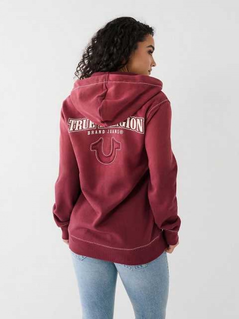 Sudadera con Capucha True Religion Big T Logo Zip Relaxed Mujer Burdeos | Colombia-ESUGBKD10