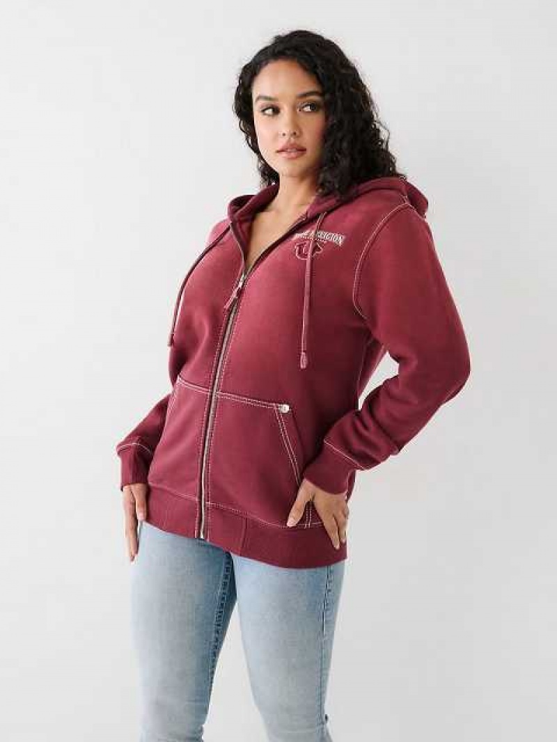 Sudadera con Capucha True Religion Big T Logo Zip Relaxed Mujer Burdeos | Colombia-ESUGBKD10