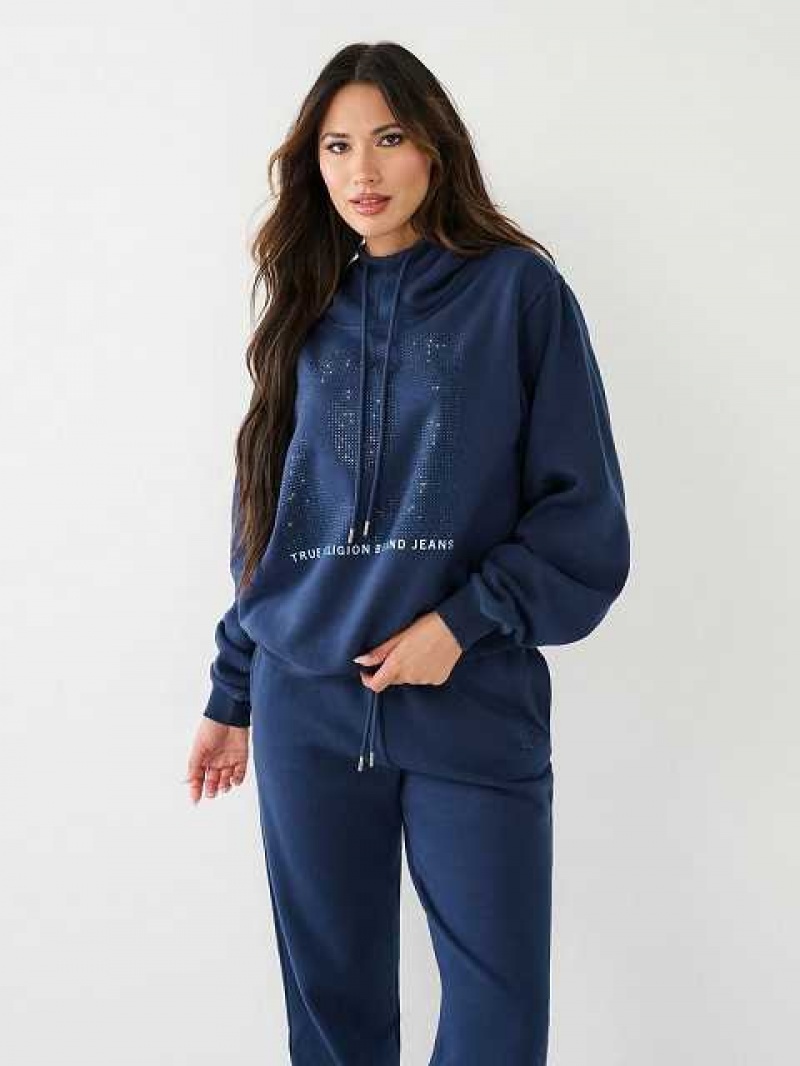 Sudadera con Capucha True Religion Crystal Relaxed Mujer Azul Marino Azules | Colombia-MDVHZPE10