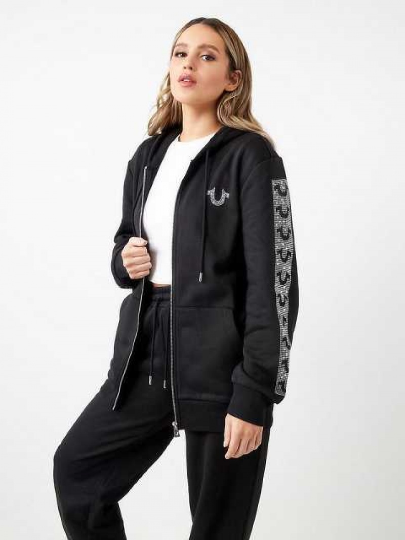 Sudadera con Capucha True Religion Crystal Horseshoe Boyfriend Zip Mujer Negras | Colombia-SMIQNRV24