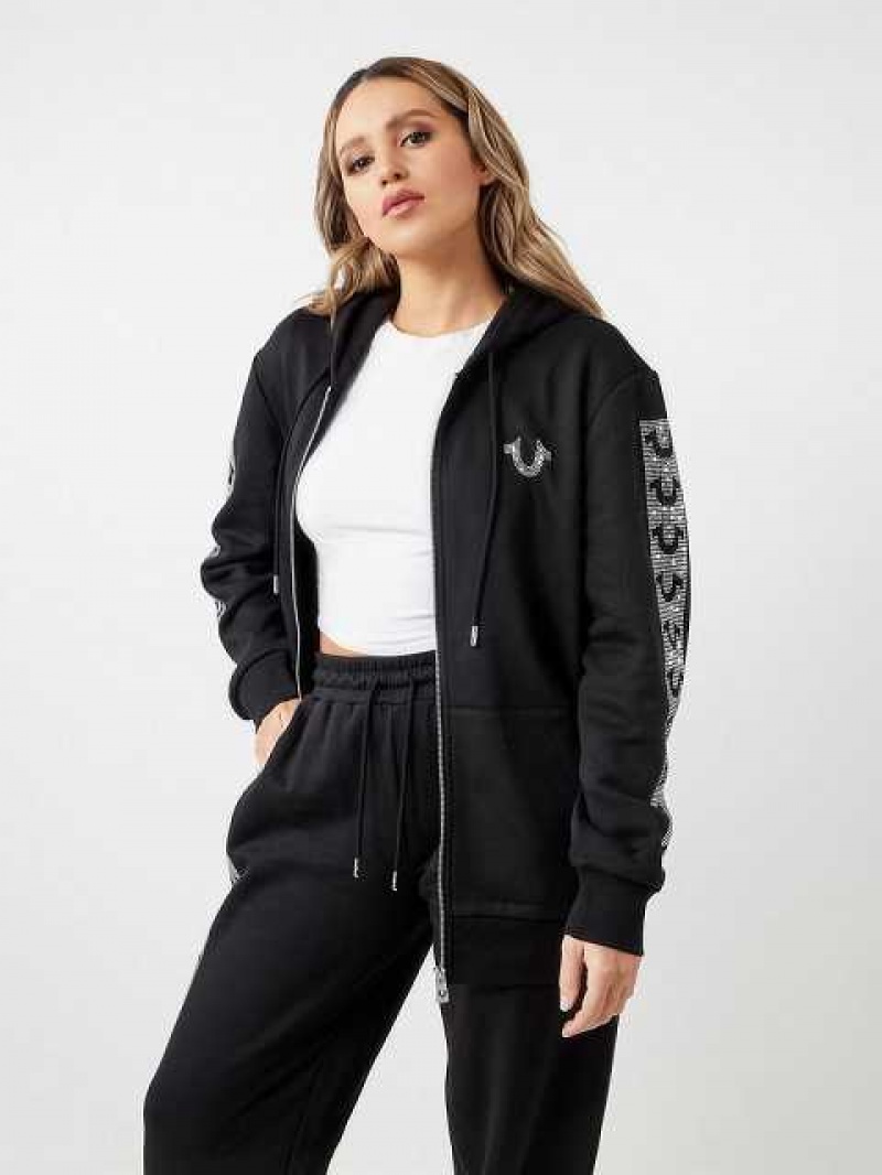 Sudadera con Capucha True Religion Crystal Horseshoe Boyfriend Zip Mujer Negras | Colombia-SMIQNRV24