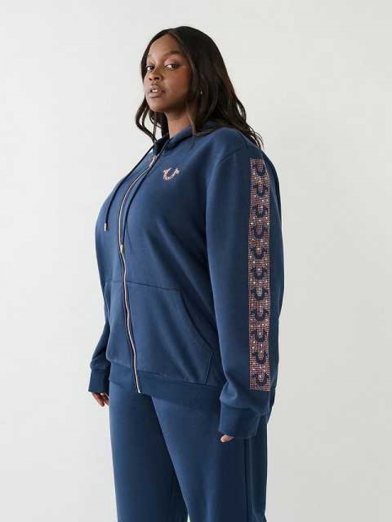 Sudadera con Capucha True Religion Crystal Horseshoe Boyfriend Zip Mujer Azul Marino Azules | Colombia-MEPJIST21