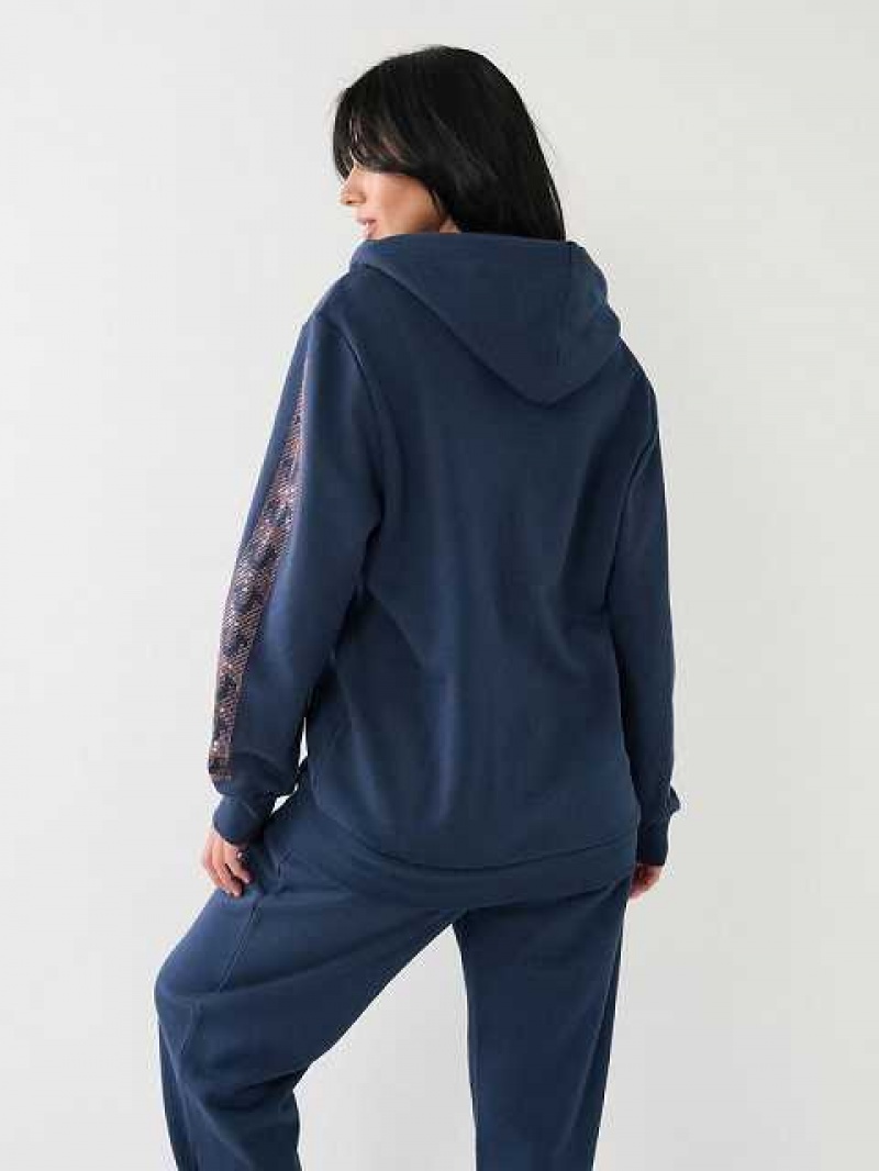 Sudadera con Capucha True Religion Crystal Horseshoe Boyfriend Zip Mujer Azul Marino Azules | Colombia-MEPJIST21