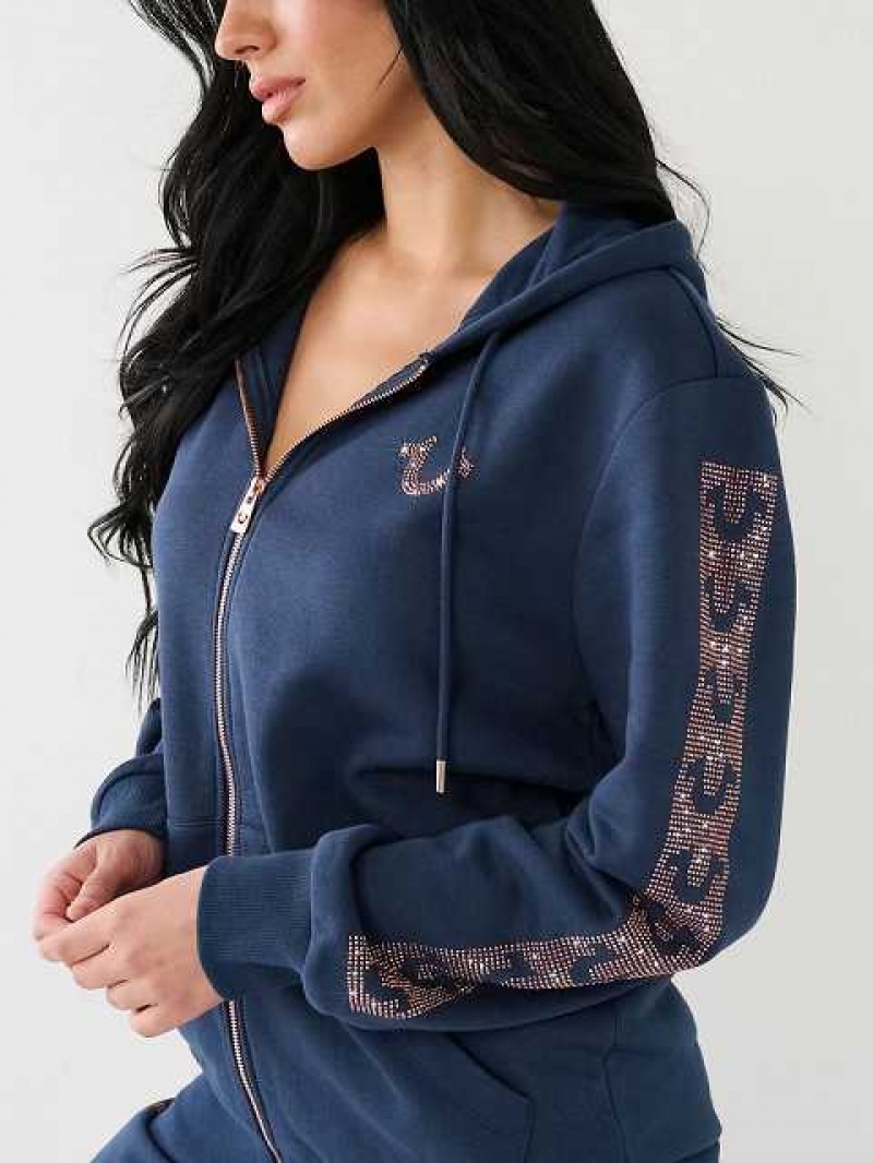 Sudadera con Capucha True Religion Crystal Horseshoe Boyfriend Zip Mujer Azul Marino Azules | Colombia-MEPJIST21