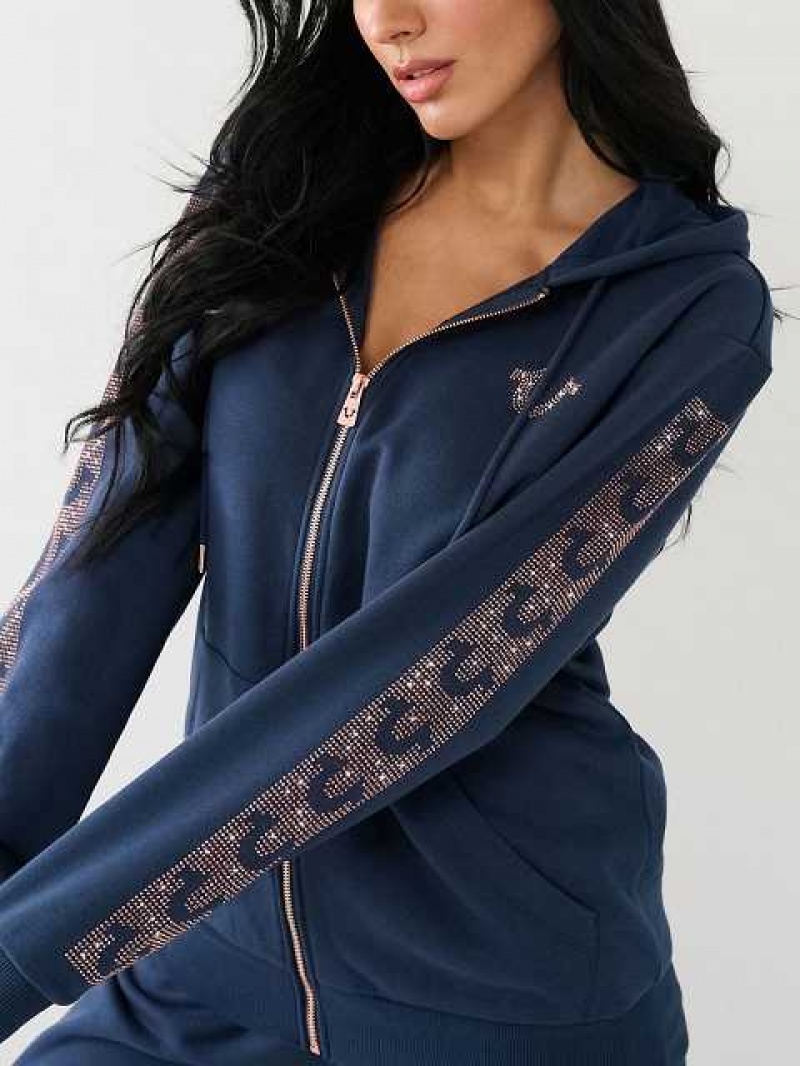 Sudadera con Capucha True Religion Crystal Horseshoe Boyfriend Zip Mujer Azul Marino Azules | Colombia-MEPJIST21