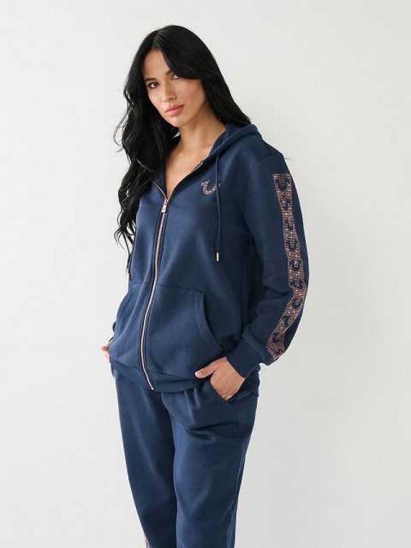 Sudadera con Capucha True Religion Crystal Horseshoe Boyfriend Zip Mujer Azul Marino Azules | Colombia-MEPJIST21