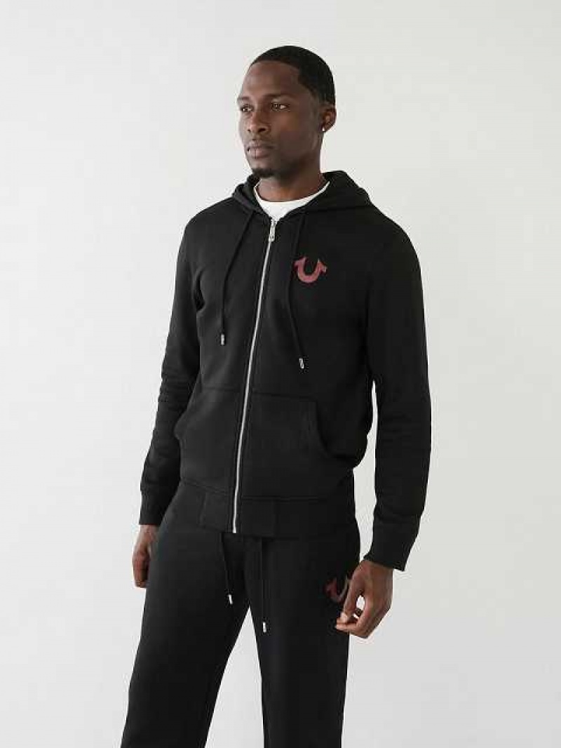 Sudadera con Capucha True Religion Embossed Buddha Logo Fleece Zip Hombre Negras | Colombia-IZPFLJQ10