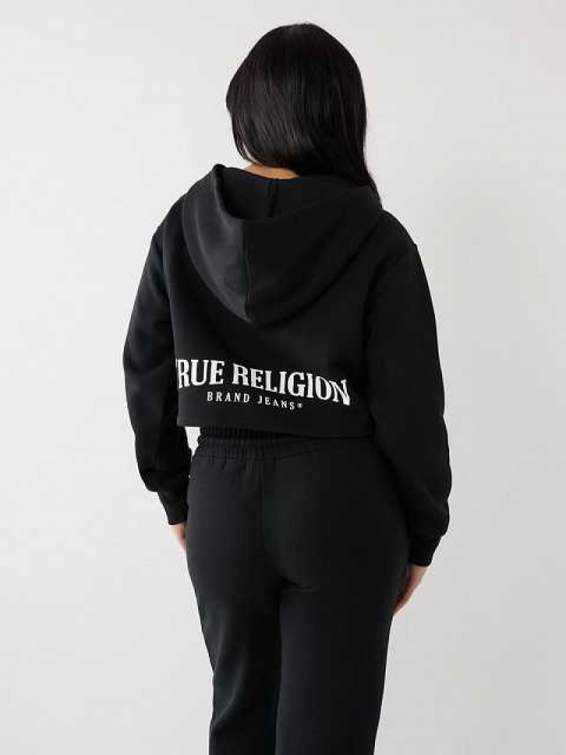 Sudadera con Capucha True Religion Encaje Up Logo Crop Mujer Negras | Colombia-WKGEAND03