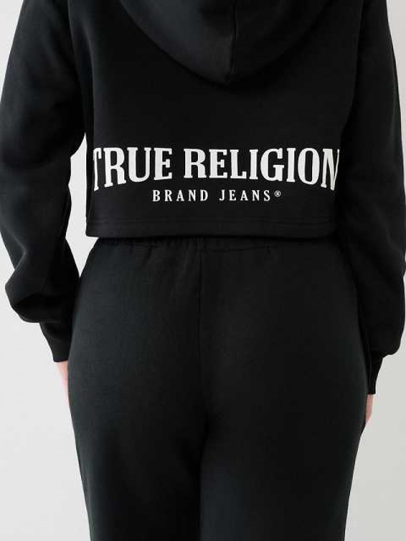 Sudadera con Capucha True Religion Encaje Up Logo Crop Mujer Negras | Colombia-WKGEAND03