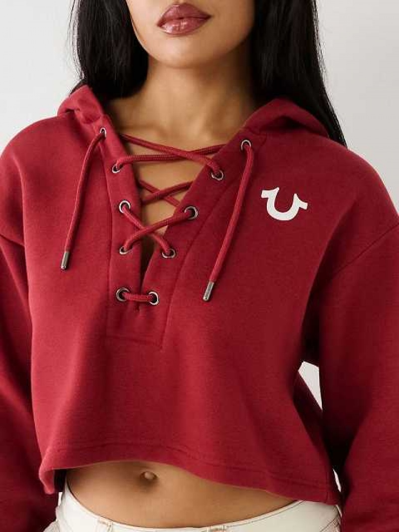 Sudadera con Capucha True Religion Encaje Up Logo Crop Mujer Rojas | Colombia-SVMPGZC68