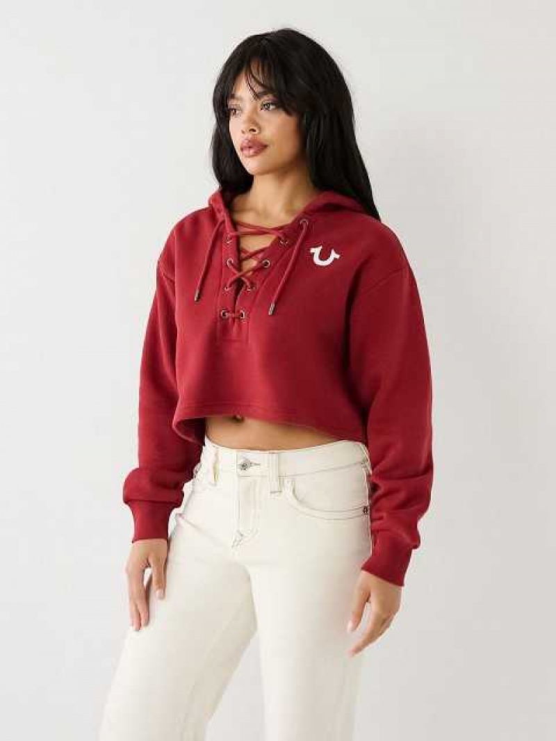 Sudadera con Capucha True Religion Encaje Up Logo Crop Mujer Rojas | Colombia-SVMPGZC68