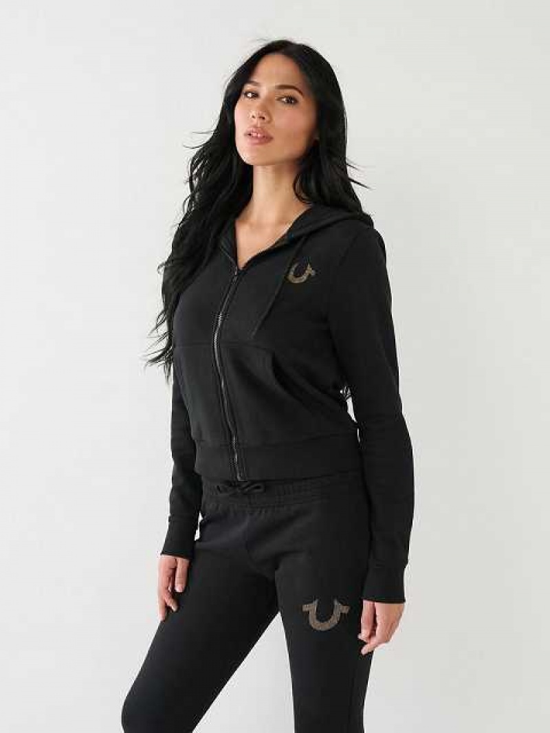 Sudadera con Capucha True Religion Glitter Horseshoe Logo Zip Mujer Negras | Colombia-RWSXPMO68