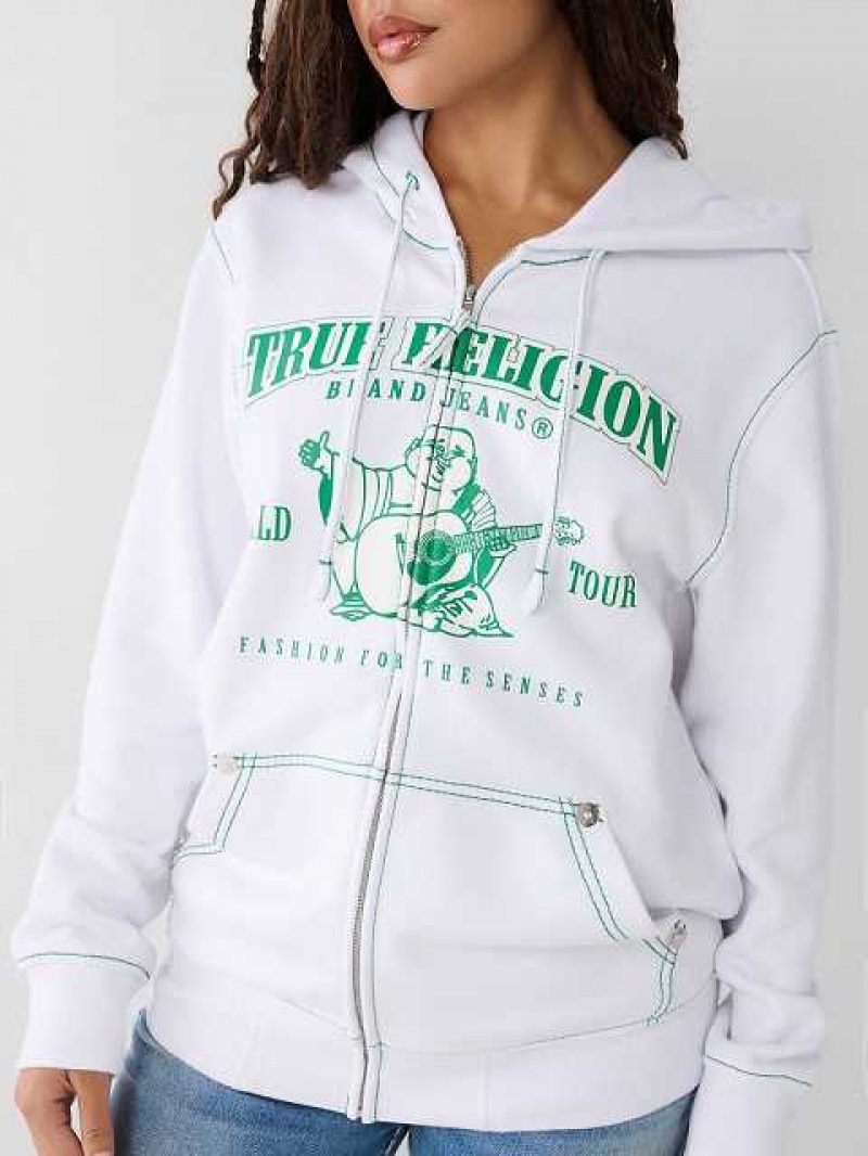 Sudadera con Capucha True Religion Heritage Big T Relaxed Zip Mujer Blancas | Colombia-GZERVDC31