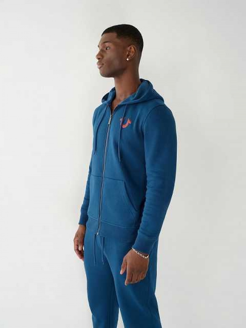 Sudadera con Capucha True Religion Horseshoe Zip Hombre Azul Marino | Colombia-LJNXMBF92