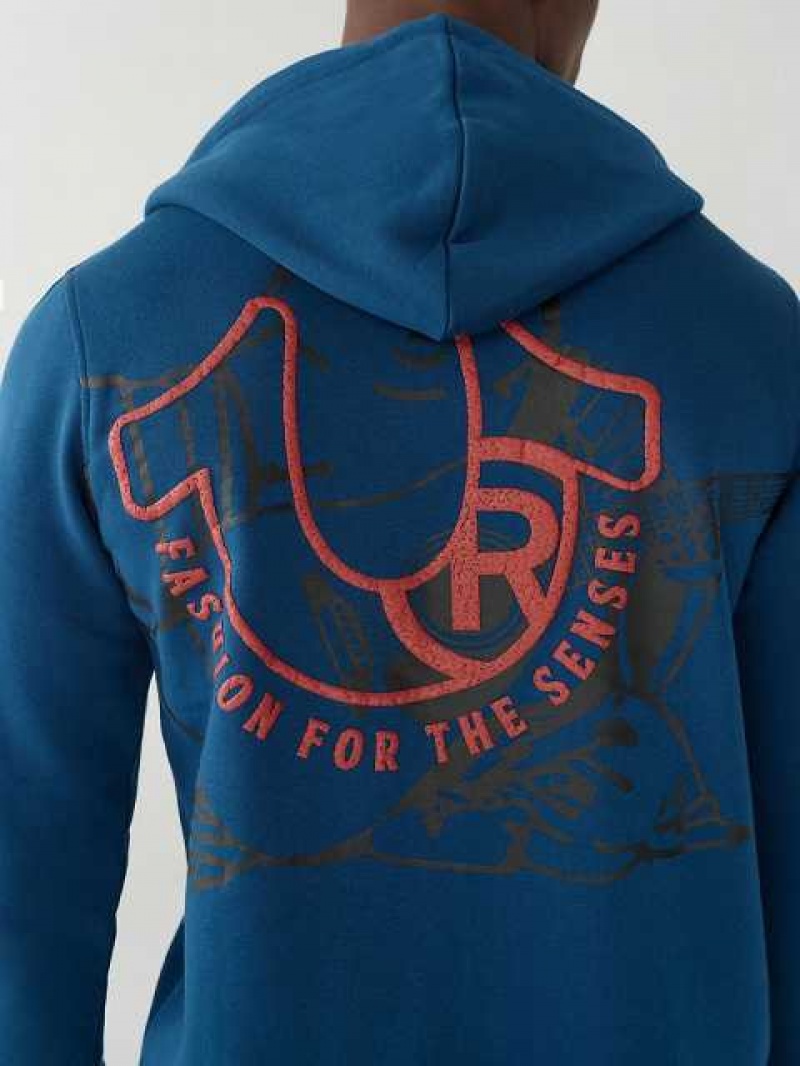 Sudadera con Capucha True Religion Horseshoe Zip Hombre Azul Marino | Colombia-LJNXMBF92