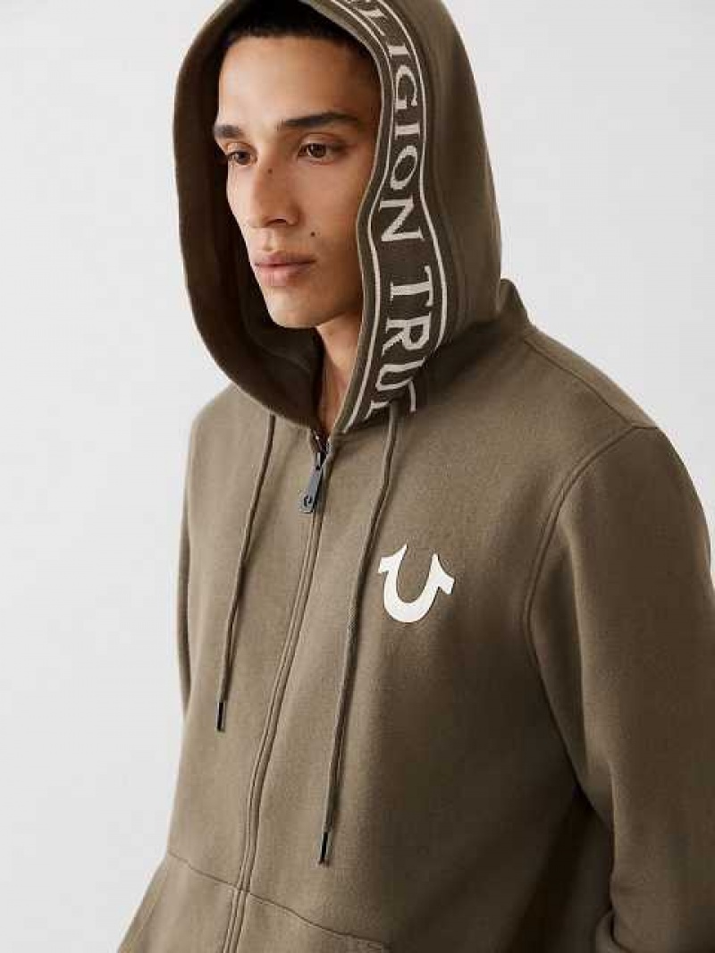 Sudadera con Capucha True Religion Logo Trim Zip Hombre Verde Oliva | Colombia-HDMYUPR82