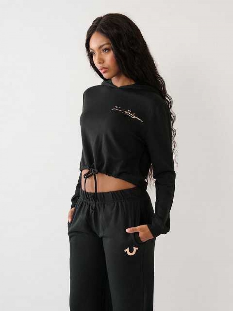 Sudadera con Capucha True Religion Logo Crop Mujer Negras | Colombia-TACDXGI38