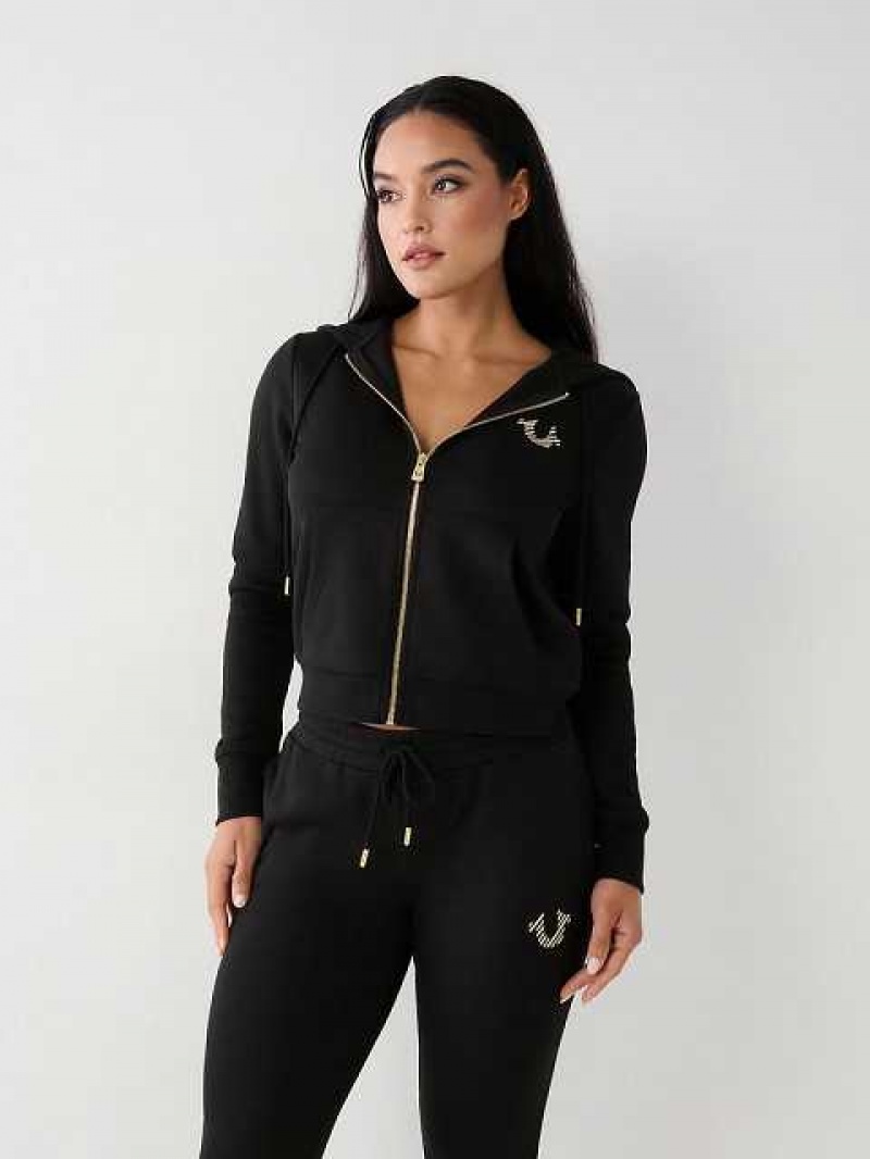 Sudadera con Capucha True Religion Logo Zip Mujer Negras | Colombia-HMPUYJB51