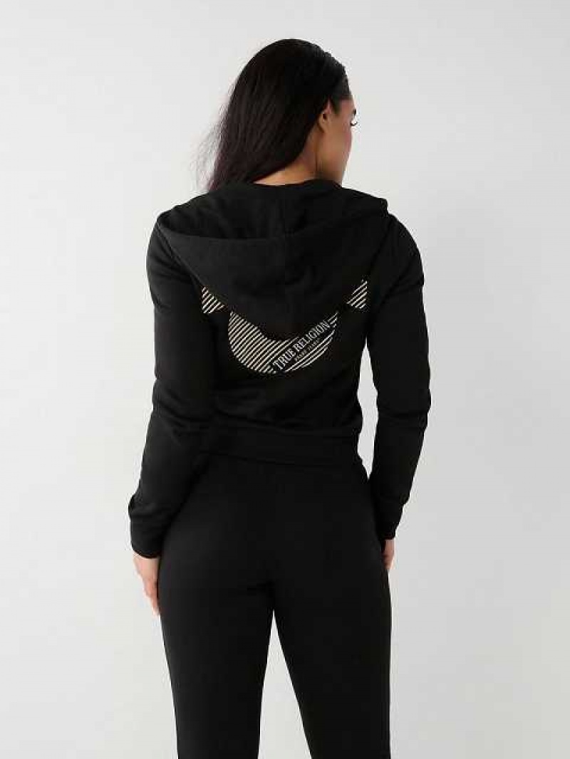 Sudadera con Capucha True Religion Logo Zip Mujer Negras | Colombia-HMPUYJB51