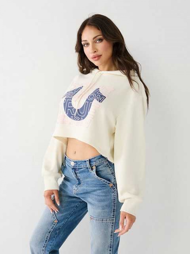 Sudadera con Capucha True Religion Logo Crop Mujer Blancas | Colombia-ACVNBOG32