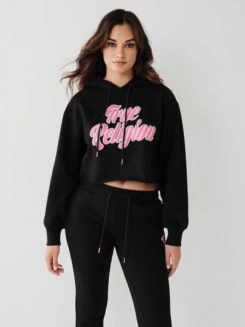 Sudadera con Capucha True Religion Logo Crop Mujer Negras | Colombia-JUIFEQV57