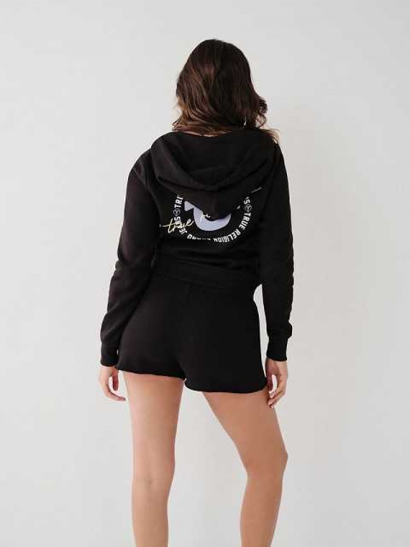 Sudadera con Capucha True Religion Logo Zip Mujer Negras | Colombia-YWUTQVI19