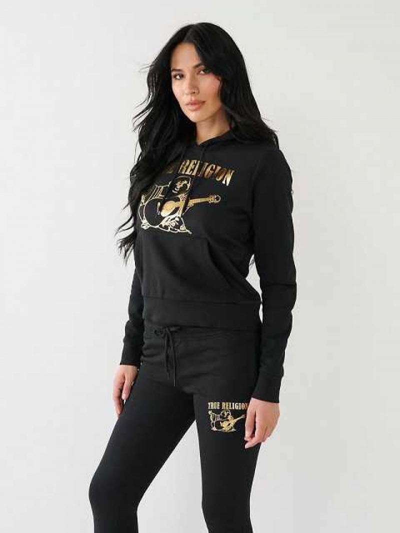 Sudadera con Capucha True Religion Metallic Buddha Logo Fleece Mujer Negras | Colombia-OEYXVPT01