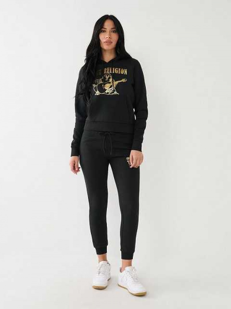 Sudadera con Capucha True Religion Metallic Buddha Logo Fleece Mujer Negras | Colombia-OEYXVPT01