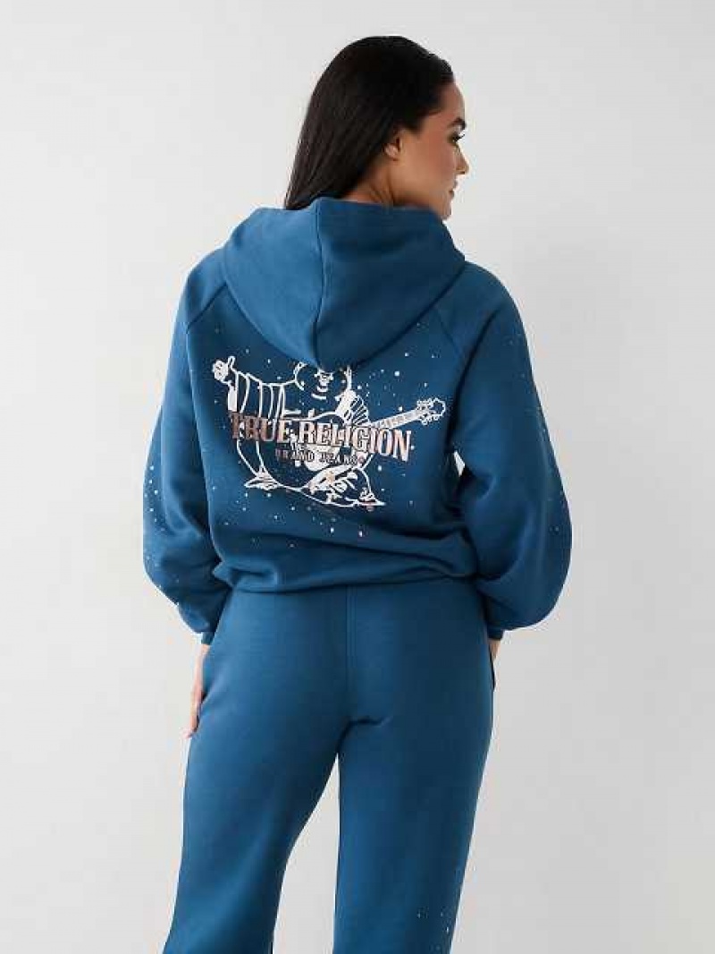 Sudadera con Capucha True Religion Splatter Paint Logo Relaxed Mujer Azules | Colombia-QVPFEWB79