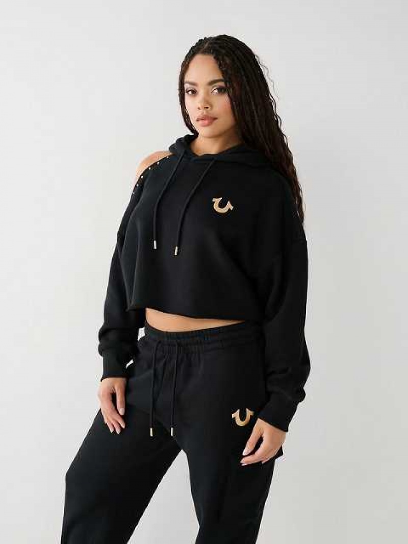 Sudadera con Capucha True Religion Studded Off Shoulder Crop Mujer Negras | Colombia-QVRDKSL02