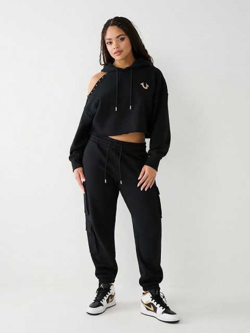 Sudadera con Capucha True Religion Studded Off Shoulder Crop Mujer Negras | Colombia-QVRDKSL02