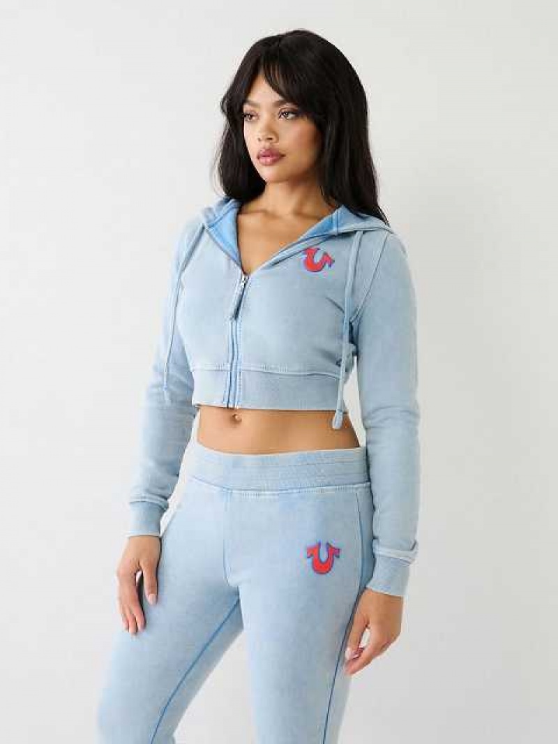 Sudadera con Capucha True Religion Washed Big T Logo Crop Mujer Azules Claro | Colombia-AMEVXRT57