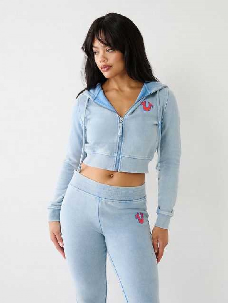 Sudadera con Capucha True Religion Washed Big T Logo Crop Mujer Azules Claro | Colombia-AMEVXRT57