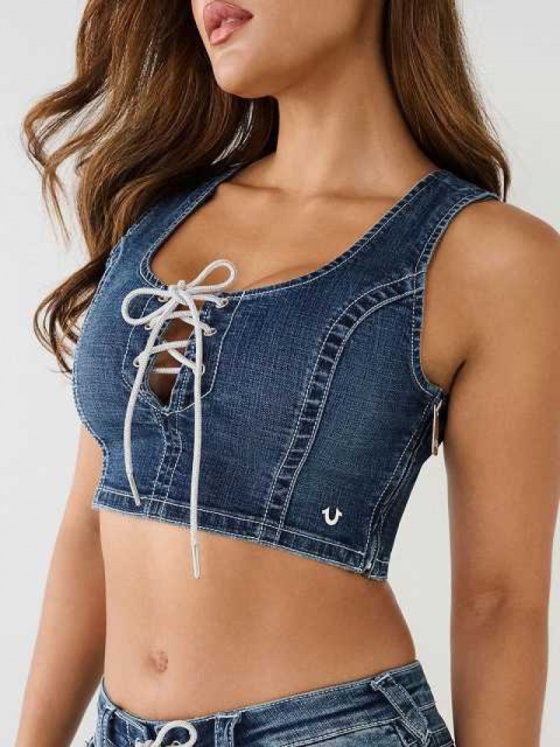 Sujetador Deportivo True Religion Crystal Encaje Up Denim Mujer Blancas | Colombia-YKFLPQJ31