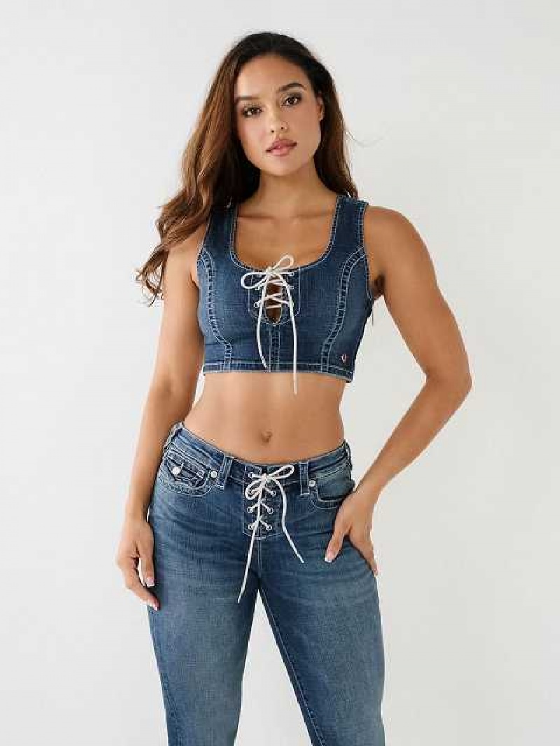 Sujetador Deportivo True Religion Crystal Encaje Up Denim Mujer Blancas | Colombia-YKFLPQJ31