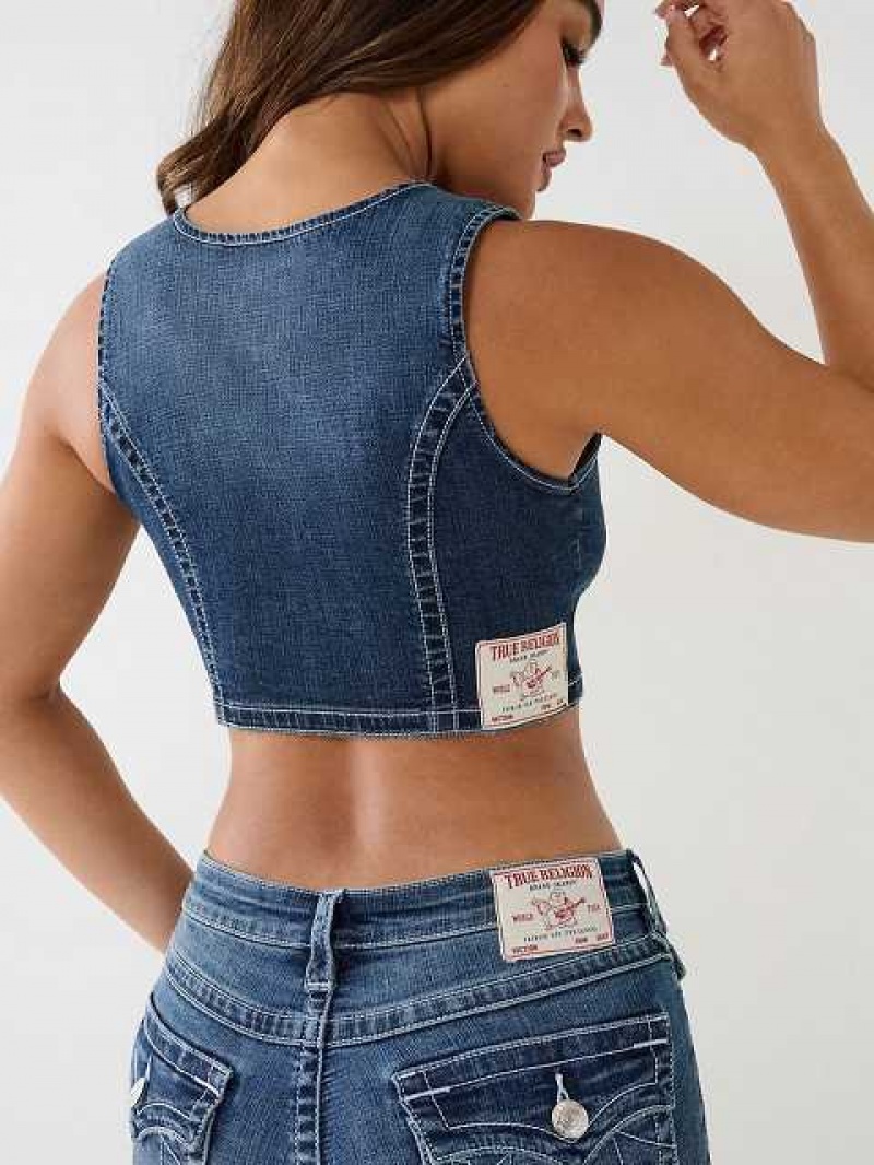 Sujetador Deportivo True Religion Crystal Encaje Up Denim Mujer Blancas | Colombia-YKFLPQJ31