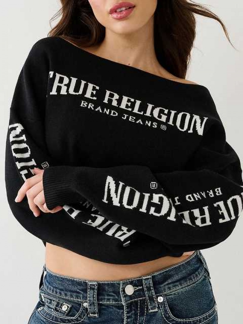 Suéter True Religion Off The Shoulder Logo Mujer Negras | Colombia-HCXAWOK72